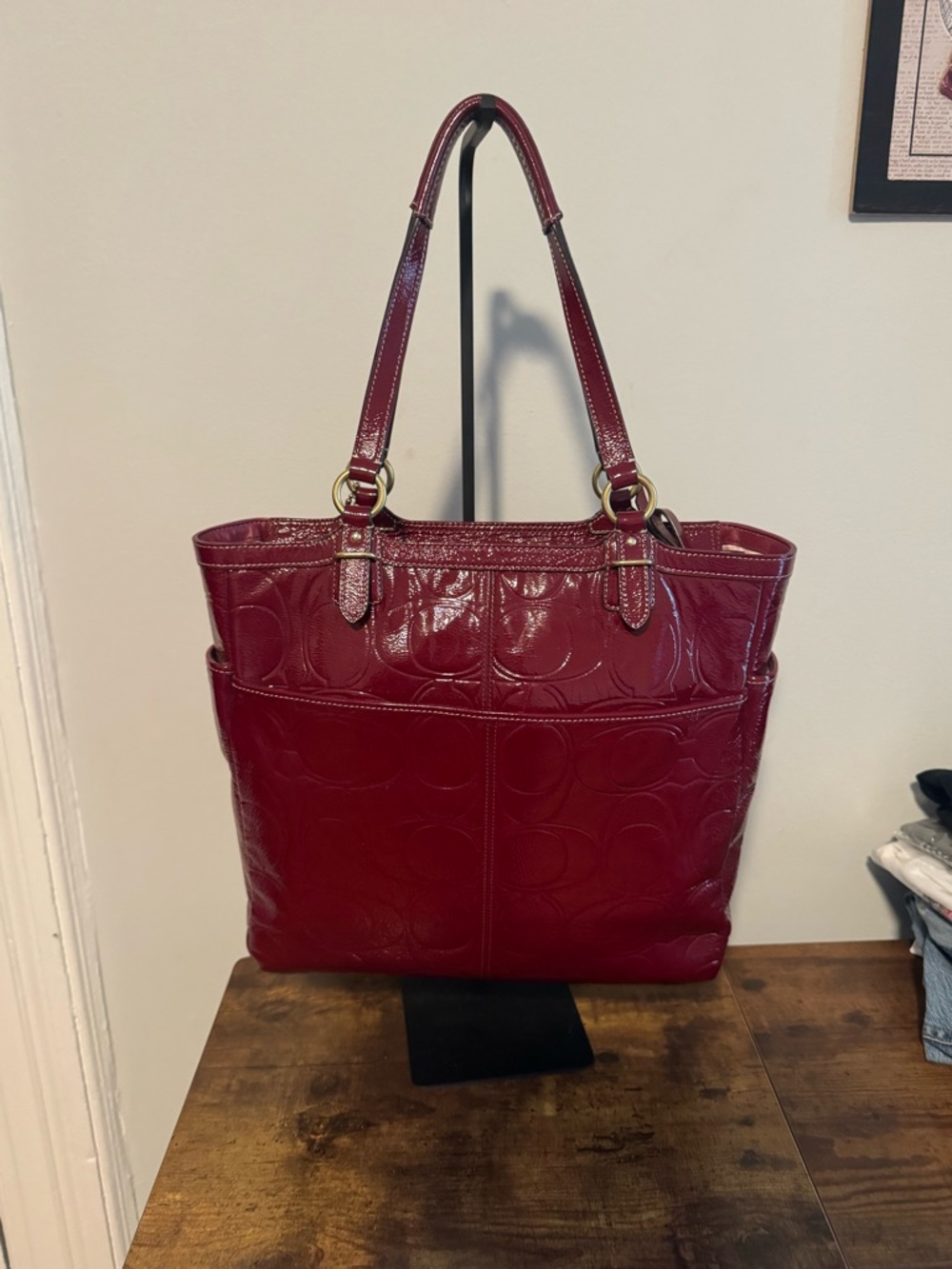 Coach Madison Optic Art Patent Leather Burgundy Tote - Picture 4 of 7